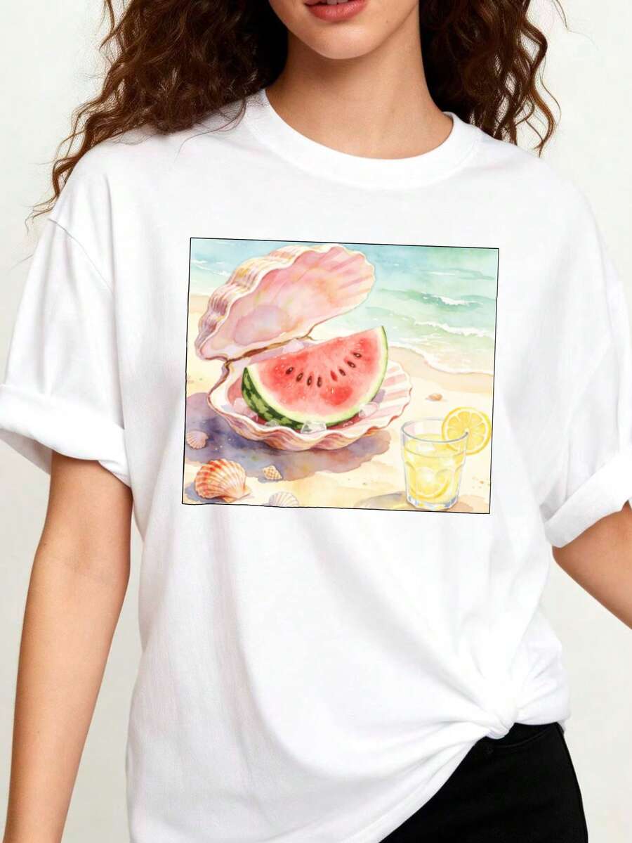 Plus Size Women's Loose-Fit Cotton-Shirt - Beach Style Watermelon And Print Crew Neck Top | Breathable Summer Casual Wear, Suitable Picnics And Everyday Wear | Washable, Not Suitable Spring And Autumn Wear - 白色 - 查看 1