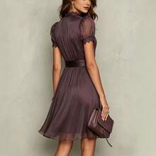 European American Fashion New Solid Color Double Layer Mesh Lace Short Sleeve Top - Purple - View 2