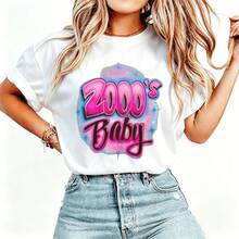"2000's Baby" Y2K Airbrush Style Printed Cotton Short Sleeve Casual Tee Female Model Graphic T-Shirt - 白色 - 查看 2