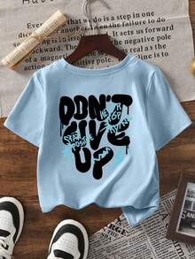 1pc Boys Toddler Children's Casual Short Sleeve T-Shirt With Reversible Print, Inspirational Slogan Graffiti Style Crew Neck Top, Summer New Arrival - Baby Blue - View 3