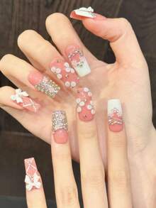 10片手工壓製長方形穿戴式美甲，「蜜桃粉愛之歌」系列，蜜桃粉蝴蝶結雕花法式假指甲，適合女性 - 粉色 - 查看 3
