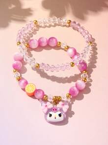 2/10pcs/Set Sanrio Cute Puppy Rabbit Pendant Lemon Polymer Clay Beaded Bracelet Bangle Wristband Jewelry, Suitable For Holiday Party School Birthday Gift For Girls - Multicolor - View 4
