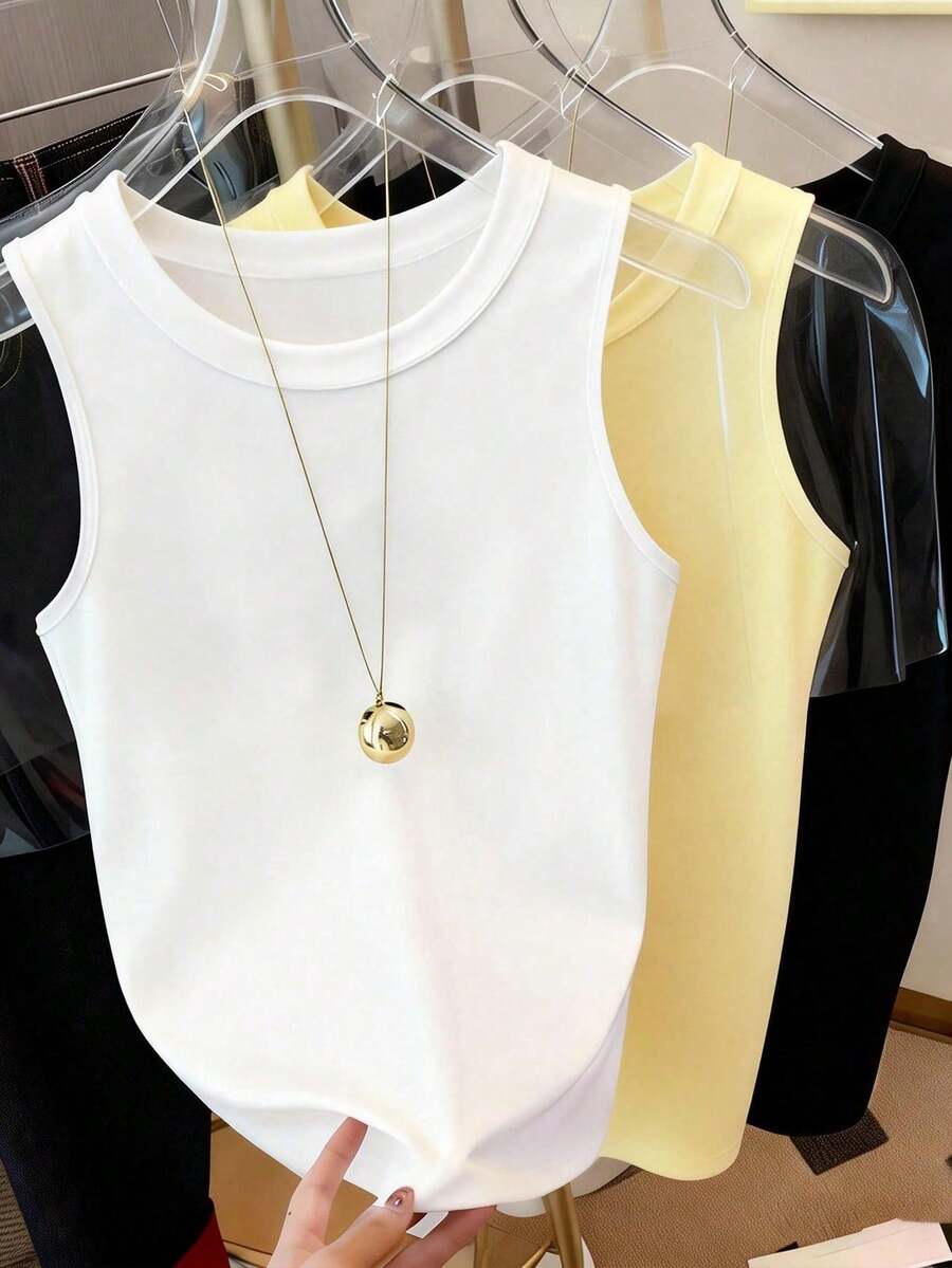 Camiseta de tirantes casual y versátil de unicolor y cuello redondo para mujer - Multicolor 5 - Ver 1