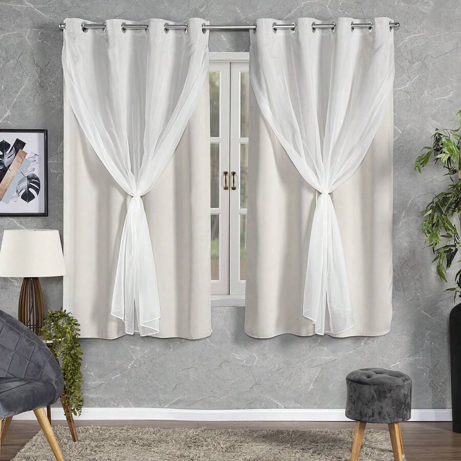 Cortina Sala Blecaute Tecido Grosso Com Voil 2,80M x 1,80M Envio Imediato - Bege - Visão 1