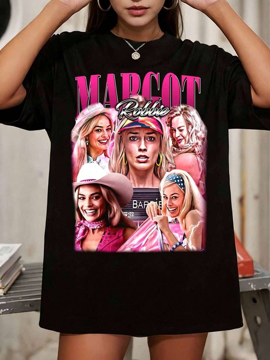 MargotSS Robbie B-BarbieS Bootleg Style Graphic T-Shirt, Crew Neck Casual Short Sleeve Top For Fans - Black - View 1
