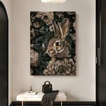 Enmarcado  plano 2D de 1 pieza estilo Art Déco con conejo y flores, con marco - Orientación vertical, marco duradero de poliestireno/, ideal para el hogar, oficina, bar, cafetería, aula, dormitorio, uso interior/exterior, perfecto para la temporada de primavera y regalos navideños,  para la sala de estar - Enmarcado - Ver 3