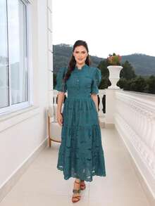 Women's Elegant Floral Embroidered Lace Midi Dress, 100% Cotton, With Puff Sleeves, Front Buttons And Full Skirt - Romantic And Sophisticated Look, Summer 2025 - 水鴨藍 - 查看 6