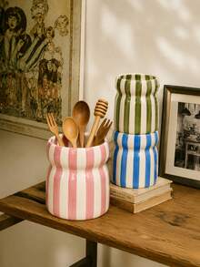 1pc Vintage Striped Ceramic Utensil Holder, Nordic Style Kitchen Storage Canister, Multifunctional Pen Holder & Utensil Organizer, Home Decor - Multicolor - View 9