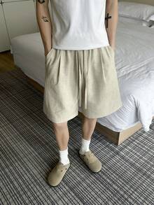 男士抽绳腰休闲短裤，杏色，亚麻质感面料，舒适针织材质，宽松版型，新款中国风休闲款，适合夏季日常穿着、通勤、户外、度假。 - 杏色 - 查看 1