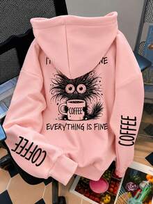 Cat Print Hooded Sweatshirt, Plus Size Women's Casual Autumn/Winter Sweatshirt Pink - Pink - View 2