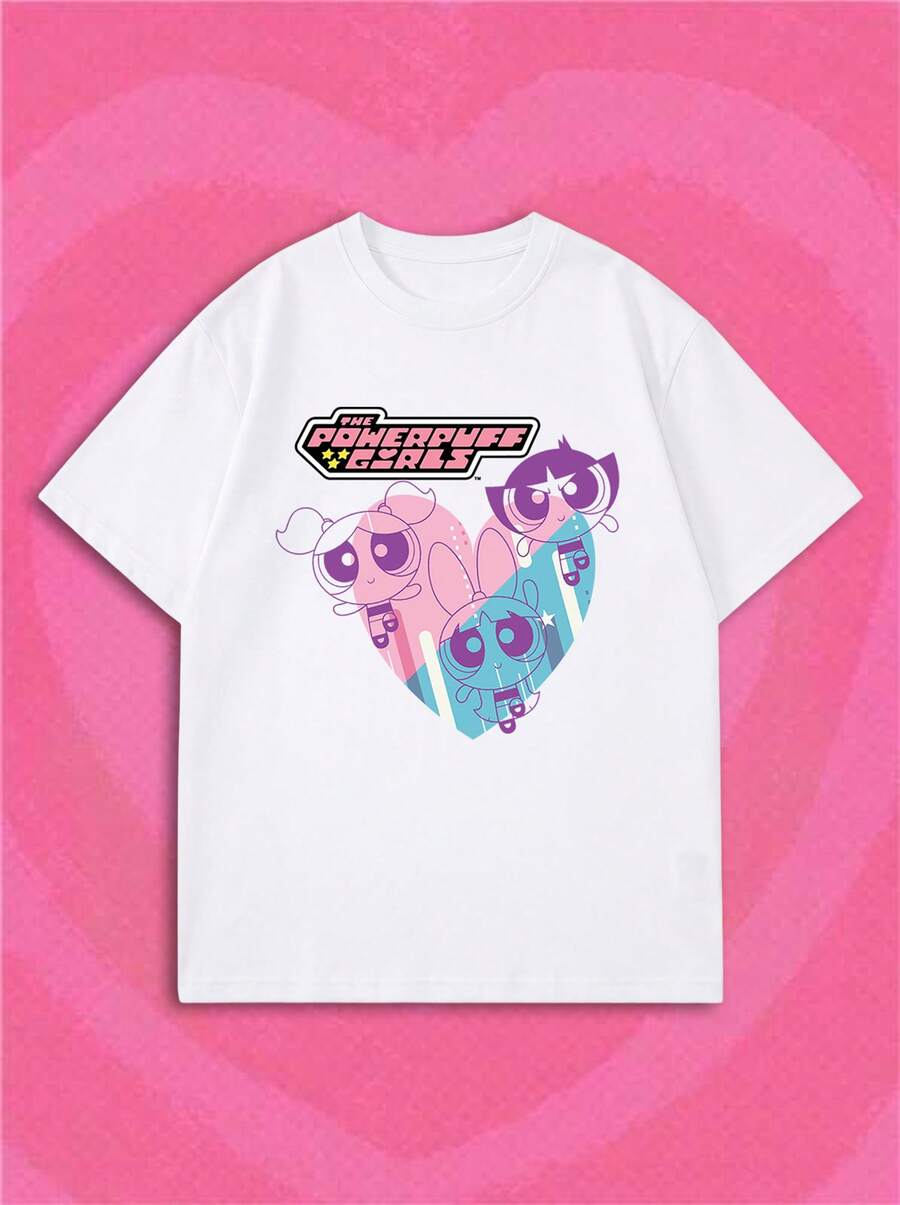SHEIN X Tom & Jerry 女款清新短袖T恤,女孩愛心圖案印花圓領上衣,寬鬆修身款,可愛卡通青春風休閒白色夏季T恤 - 白色 - 查看 1