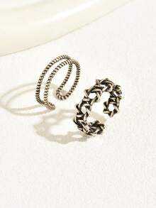2pcs Vintage Distressed Style Antique Silver Chain Open Toe Ring For Women, Beach Vacation Summer Party Wear - Silver - View 3