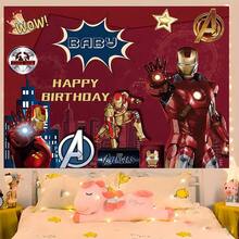 1pcs M Arvel I Ron Man Happy Birthday Backdrop Avengers Superhero Theme Party Background Anime Character Photography Prop Boy Bedroom Bedside Wall Tapestry Outdoor Yard Gathering Decoration Geek Fan Room Wall Hanging Supplies - A - Xem 4