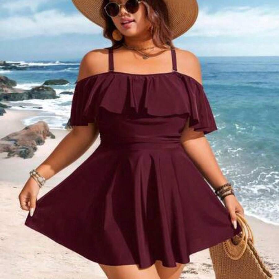 dahkjdgajy Swim Lushoire Parte superior de tankini de vacaciones con volantes en los hombros para mujer de talla grande, de unicolor - Burdeos - Ver 1
