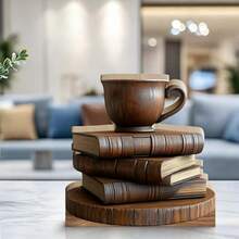 1pc Vintage Wooden Book & Coffee Cup Ornament - 2D Printed Art Decor, Suitable For Home And Study, Classic Style, Ideal Gift For Book Lovers And Coffee Enthusiasts, Coffee Table Decor, Cozy Corner - 1PC - View 2
