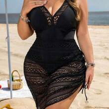 guangzhougaolangshangmao Swim Lushoire Traje de baño tankini de talla grande con falda, de tela negra y tela jacquard de punto, con cuello en V, tirantes ajustables, cordón con túnel, elegante y sexy para la playa y vacaciones casuales - Negro01 - Ver 1