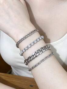 4-15pcs/Set Stainless Steel Cross Chain Bracelet Set For Men, Daily Wear Gift For Birthday, Christmas - Silver - View 6