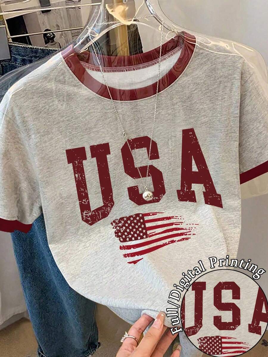 Camiseta de mujer de manga corta con cuello redondo, estampado de bandera americana y letras en bloques de color - Multicolor 2 - Ver 1