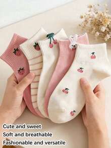 1/5 pares de calcetines cortos para mujer con estampado de fresa y cereza - Calcetines casuales de moda dulce y transpirables, adecuados para uso diario en primavera/verano - Multicolor - Ver 8