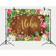 1 pieza Pancarta de fondo para fiesta de verano Aloha Luau, fondo de flamenco hawaiano, pancarta de decoración de madera con hojas de palma y flores, adecuada para fiesta de cumpleaños, pancarta para mesa de pastel, fondo de fotografía para decoración de fiesta temática - perfecta para decoración de sala de celebración, decoración de eventos interiores & exteriores, suministros para fiestas, celebración de vacaciones, aniversario, fiesta de regalos, sin necesidad de electricidad, esencial para la planificación de eventos - Multicolor - Ver 5