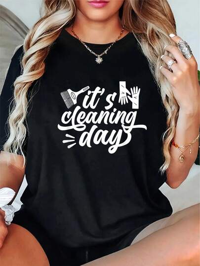Plus Size - Women'S & Men'S Cleaning Day Graphic T-Shirt - Black With White Cleaning Tools Design -