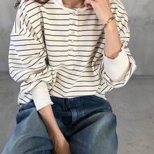 Camiseta holgada de murciélago a rayas casual para mujer, otoño - Marrón - Ver 7