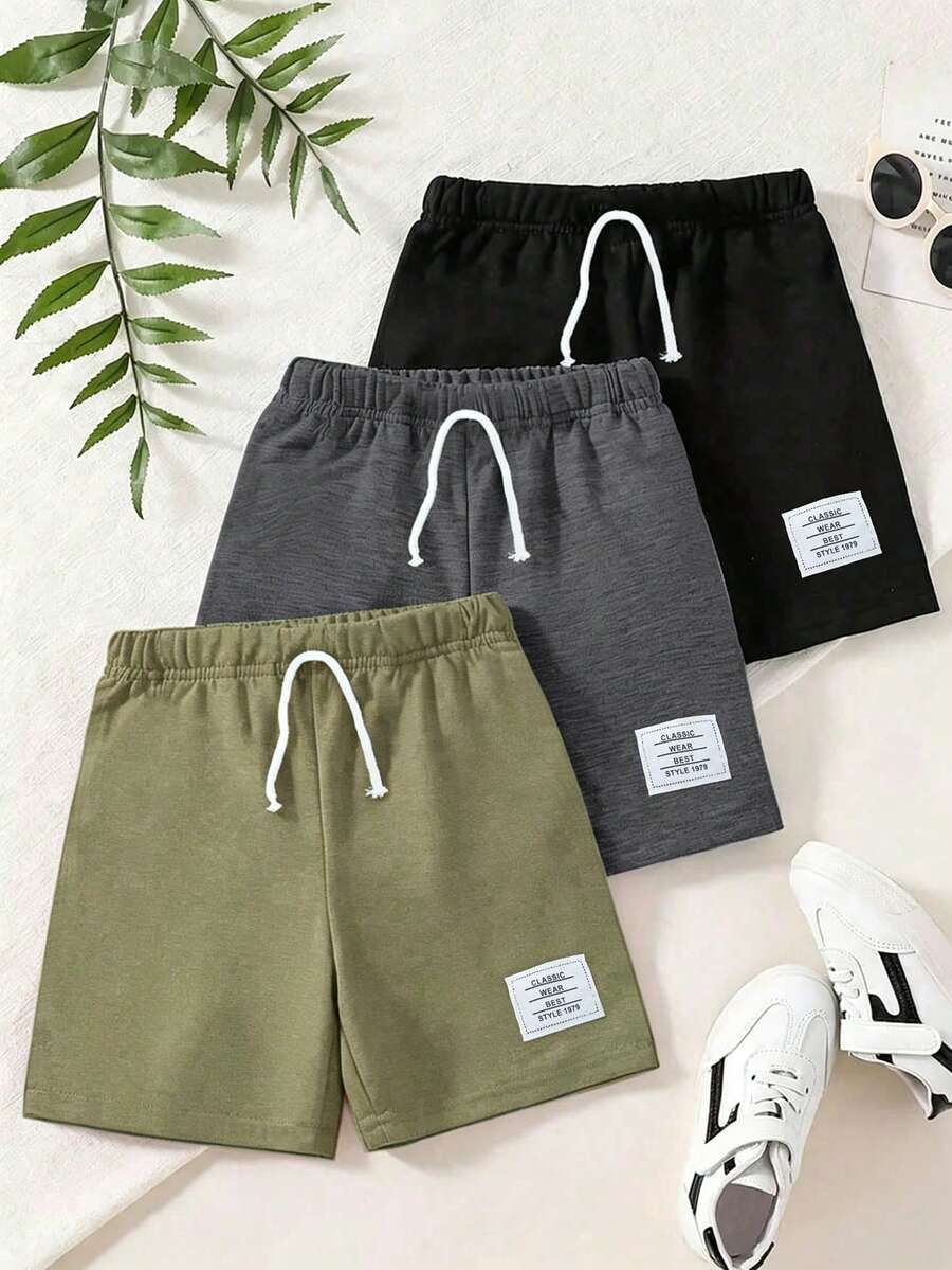 3pcs Young Boy Summer Casual Solid Color Shorts Set - Army Green - View 1