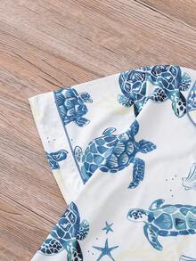 2pcs Women Pajama Set, Sea Turtle Shell Starfish Print, Ladies Loungewear, Spring Summer Holiday Outfit, Short Sleeve Collared Top And Shorts Can Be Worn Outdoors - Navy Blue - View 4