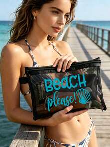 "Beach_please" 與海星圖案海灘網袋，便攜式口紅與氣墊粉撲化妝袋，沿海設計盥洗包，透明大容量旅行化妝收納袋，夏威夷風格網狀化妝袋，適合海灘度假，便攜購物袋，假期、健身、母親節禮物、情人節、教師與女性旅行、短途旅行及旅行必需品的理想選擇 - 彩色 - 查看 15