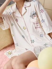 Gongdie 2er/Set Damen Pyjama Set, Sommer weich atmungsaktiv Baumwolle Sternenmuster Pinguin Muster Loungewear - Weiss - Übersicht 4