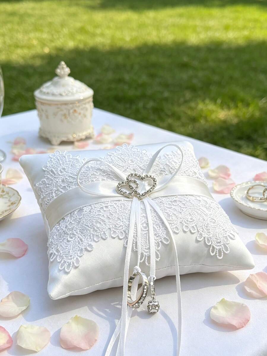 1 pieza Almohada portador de anillos de boda con encaje blanco y diamantes de imitación, elegante cojín de satén para sostener anillos para ceremonia de boda, fiesta nupcial, compromiso, aniversario, Día de San Valentín, accesorio fotográfico & decoración - Corazón de diamantes de imitación - Ver 1