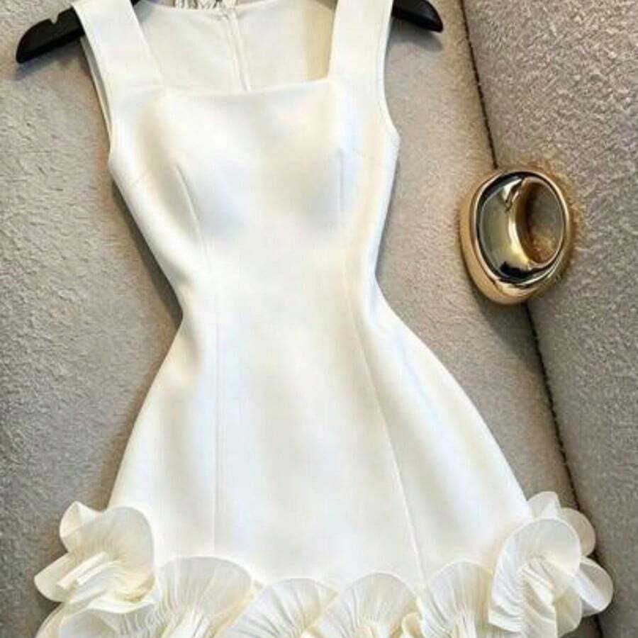 jianchaimaoyi02 Este vestido estilo chaleco con escote cuadrado es un elegante chaleco sin mangas de doble capa con volantes, perfecto para salidas y citas en primavera y verano. Es adecuado para vestidos de verano, atuendos para vacaciones, vestidos de fiesta, vestidos de invitada de boda, vestidos de dama de honor, vestidos de graduación, vestidos elegantes para ceremonias, vestidos de cumpleaños, vestidos casuales, ropa de oficina y más. También es un vestido blanco. Atuendo para la temporada de gra - Albaricoque - Ver 1