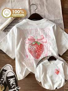 Summer Tops: Double-Sided Printed, Casual Women's Top For Summer, Cute Style, Strawberry And Bow Design, "SWEET SWEET SWEET SWEET SWEET" Print, Round Neck, Short-Sleeved T-Shirt - White - View 1