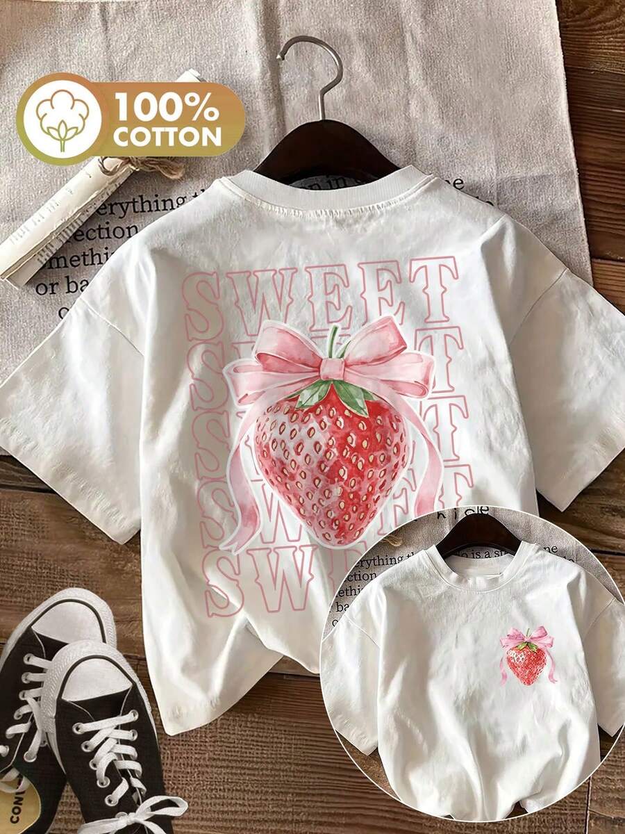 Summer Tops: Double-Sided Printed, Casual Women's Top For Summer, Cute Style, Strawberry And Bow Design, "SWEET SWEET SWEET SWEET SWEET" Print, Round Neck, Short-Sleeved T-Shirt - White - View 1