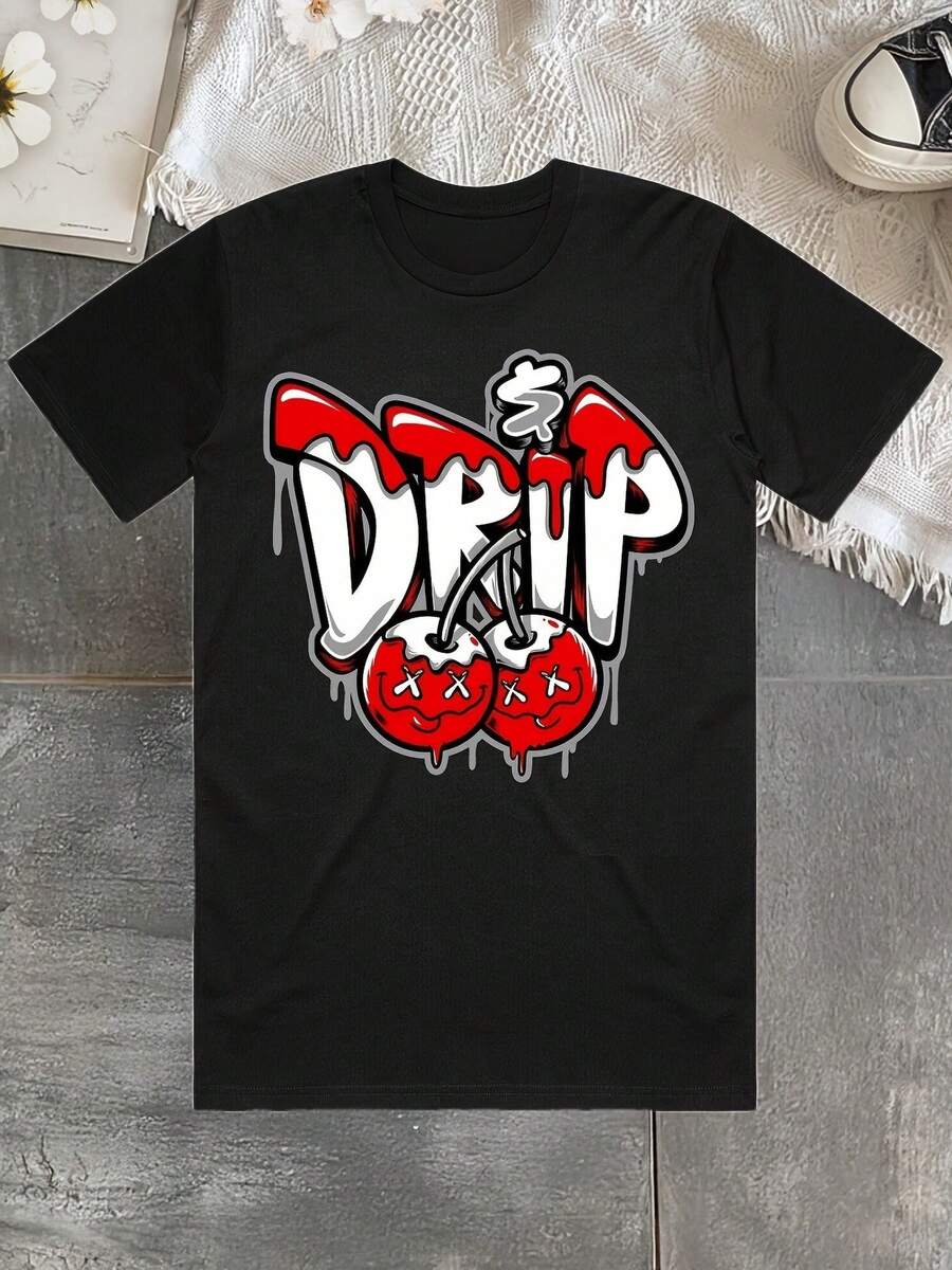 Men's Money Drop Pattern T-shirt-Black Crew Neck T-shirt with Bold Graffiti Design, Street Style, Perfect for Summer Casual Wear Effortless Styling, Showcase Your Unique Style - Svart - Visa 1