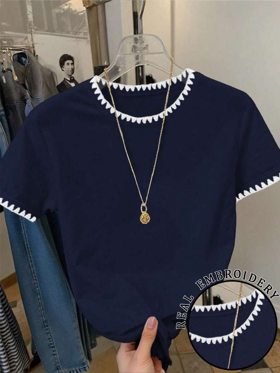 Camiseta de cuello redondo de manga corta acanalada y casual para mujer, de verano - Azul marino - Ver 1