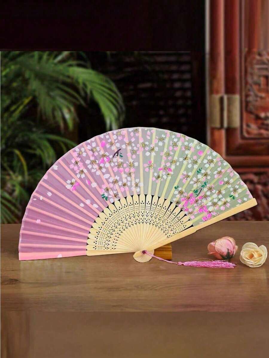 1/2pcs Pink Floral Pattern Decorative Folding Chinese Fan, Suitable For Party, Dance, Home Decor, Birthday Gift, Graduation Gift - Pink - View 1