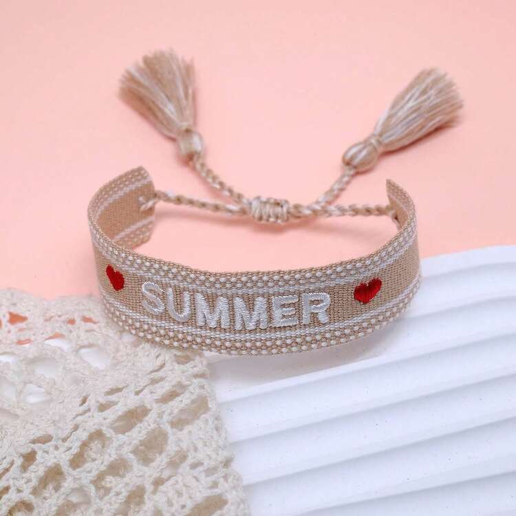 1件創意刺繡「SUMMER」手工編織波希米亞海灘旅行風手鍊，適合朋友、家人、學生、節慶、派對、旅行 - 卡其色 - 查看 6