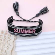 1件復古刺繡字母SUMMER手工編織波西米亞度假風手鍊，適合家人、朋友、同學、旅行與派對 - 黑色 - 查看 2