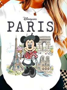 Disney Minnie Mouse Disneyland Paris Crew Neck Sweatshirt: This Women's Crew Neck Sweatshirt Features Beloved Disney Character Minnie Mouse In A Charming Parisian Theme For Disneyland Paris, Designed As A Sweet Graphic Pullover For Disney And Travel Fans. Made With Soft, Thickened Fabric, It Offers A Cloud-Like, Skin-Friendly Feel That Keeps You Warm And Cozy All Day Long. The Front Showcases A Whimsical Print: Minnie In A Beret, Striped Shirt And Scarf, Holding An Ice Cream Cone, Set Against Iconic Paris Landmarks Including The Eiffel Tower And Arc De Triomphe, With Bold "Disneyland Paris" Lettering At The Top. The Gentle, Colorful Art Style Blends Minnie's Cheerful Charm With Parisian Magic Perfectly. Designed With A Relaxed Fit, This Sweatshirt Provides A Comfortable, Flattering Silhouette For All Body Types. It Works Great For Casual Outings, Theme Park Visits, Travel Days, Friend Gatherings Or Cozy Days In, And Makes A Thoughtful Gift For Disney-Loving Fans. - White - View 1