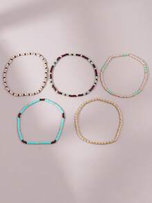 5pcs Bohemian Handmade Beaded Elastic Multi-Layer Stackable Bracelets, Suitable For Women's Daily, Vacation, Party Wear (Random Beads) - Multicolor - View 2