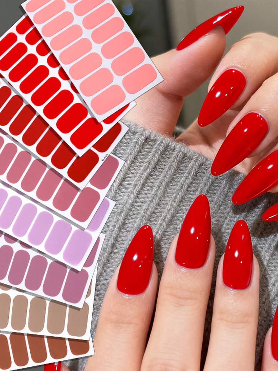 2 pièces Enveloppes pour ongles de couleur unie, autocollants pour ongles classiques à haute brillance auto-adhésifs. Faciles à appliquer, parfaits pour le travail des dames, les vacances, les rendez-vous et les manucures DIY. - Rouge - Voir 1