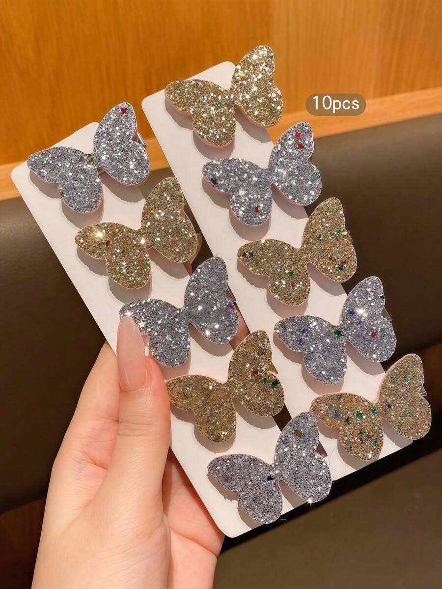 10入金銀色蝴蝶髮夾,甜美風格髮飾,適合日常使用,價格親民 - 彩色 - 查看 1