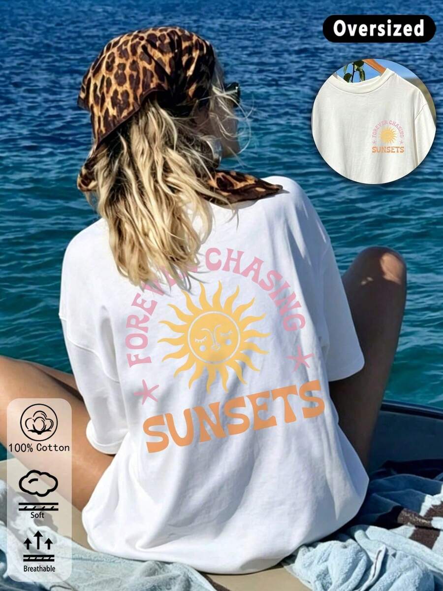 Casual Short-Sleeved Printed T-Shirt. 100% Cotton. 1 Pack. Women's Oversized Pure Cotton T-Shirt, Casual Summer Style With Sunset Design, Relaxed Fit Suitable For Beach Days, Lightweight And Breathable - Perfect For Travel. Spring Summer Top - White - View 1