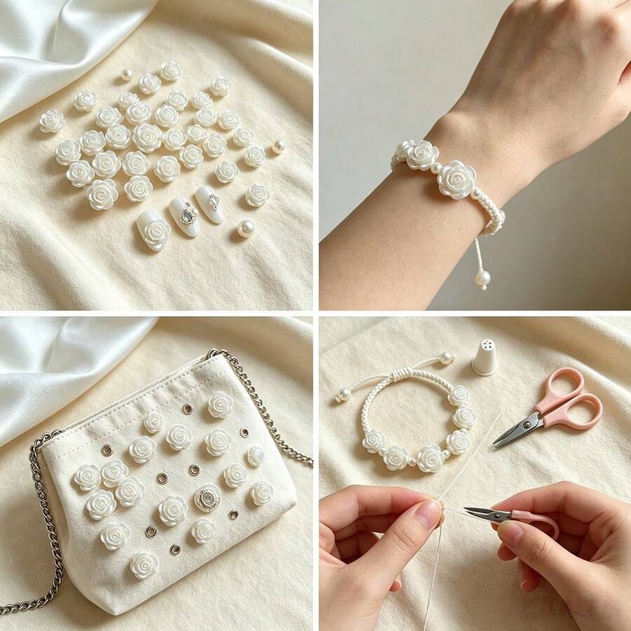 100pcs Flat Pearl Rose Beads With Holes, Suitable For Hair Clips, Phone Cases, Photo Albums, Earrings, Necklaces, Bracelets And Other Jewelry Making Craft Decorations, Gold-Edged Camellia Decoration, Wedding Craft Accessories