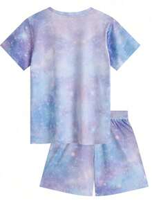 Disney Lilo & Stitch Tie-Dye Kids 2PCS Outfits, Girls Summer Outfits For Women, Summer Clothes, Teen Girl Clothes, Shorts, Graphic Tee, Casual T-Shirt & Shorts, Back To School, Gift, July 4th - Baby Blue - View 3