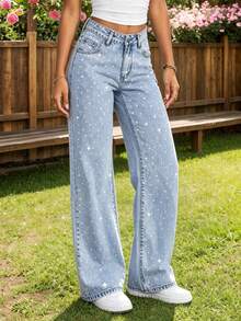 Teen GirlFashion Rhinestone Embellished Loose Wide-Leg Jeans - Light Wash - View 4