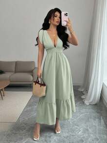 CZJ  Vestido de cuello en V sin mangas con cintura ajustable con cordón, color azul, adecuado para primavera/verano - verde menta - Ver 1