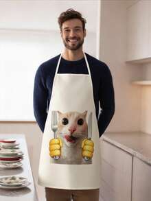 1pc, Cartoon Chef Cat Pattern Polyester Apron, Suitable For Cooking, Baking, And Gardening - Can Be Used As Attire For The Kitchen And Dining. - Multicolor - View 8