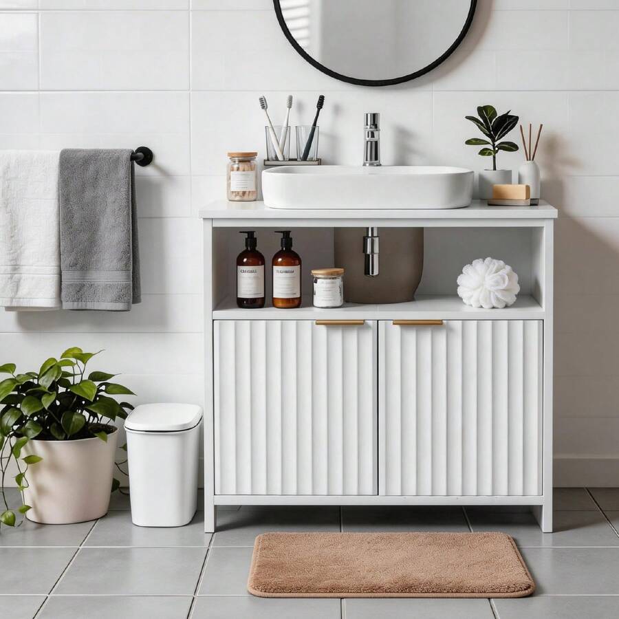 Modern Vanity Storage Cabinet With Grille Doors & Open Shelf - 1 - View 1